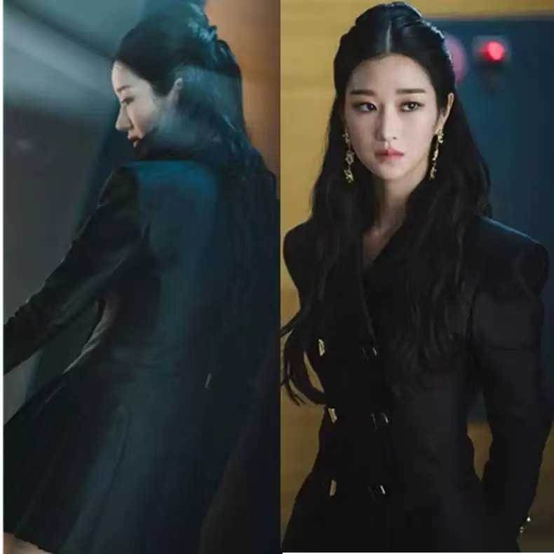 徐睿知高文英明星同款显瘦百褶西装裙2024秋新中长款黑色收腰连衣