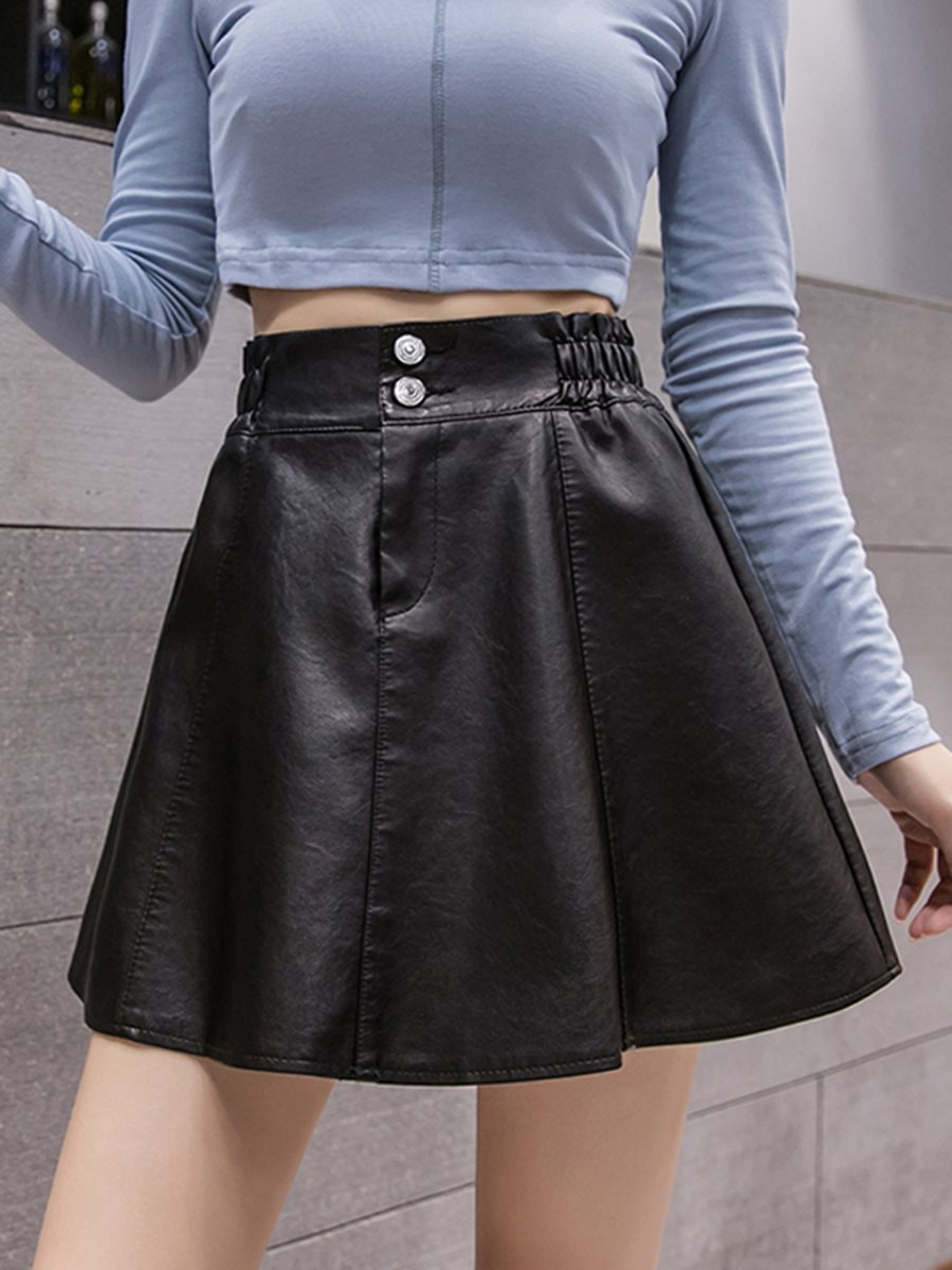 高腰皮裙女半身裙松紧腰百褶短裙夏春秋款冬季a字黑色弹力小皮裙