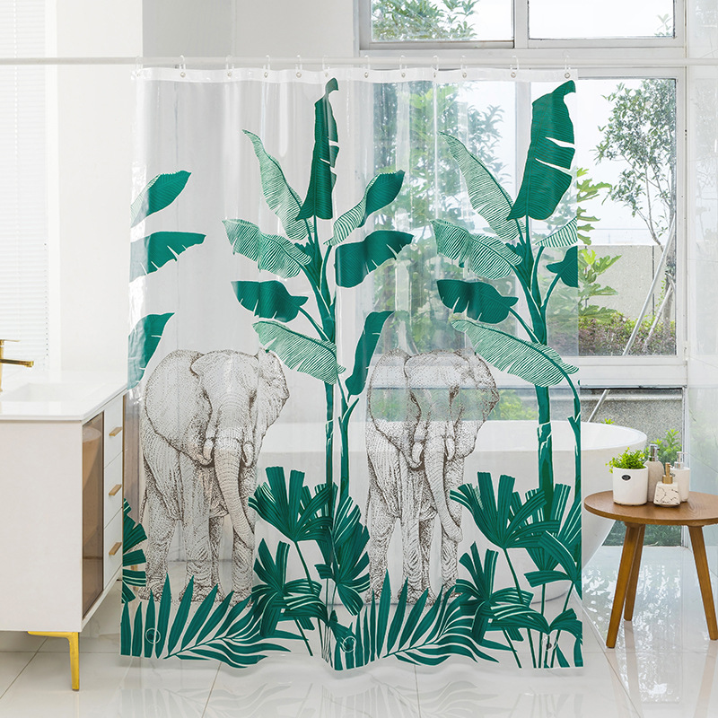 Muqing Supply Green Plant Shower Curtain Bathroom Waterproof Mildew-Proof Partition Curtain Eva Punch-Free Shower Curtain