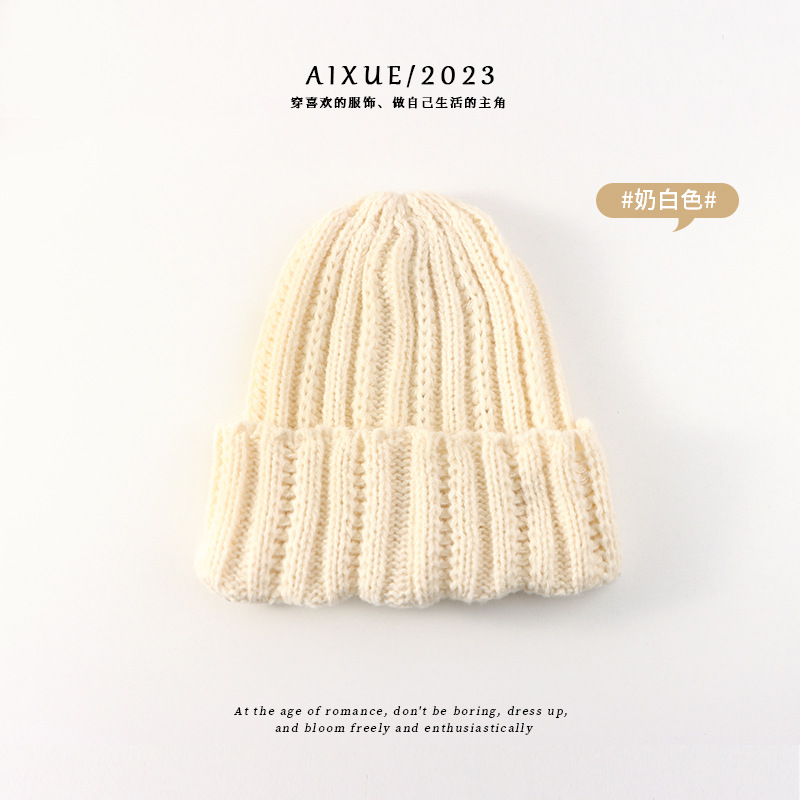 2023 New Autumn and Winter Solid Color Beanie Hat Light Board Knitted Hat Couple Warm Extra Thick Coarse Yarn Strip Woolen Cap Women