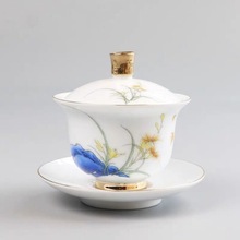 J7IB批发盖碗茶杯茶碗大号小号青花瓷陶瓷功夫茶具套装德化白瓷泡