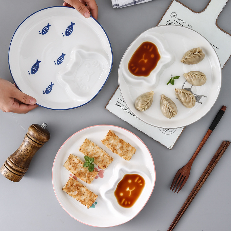 Japanese-Style Ceramic Dumpling Plate Steamed Stuffed Bun round Compartment Tray Creative Plate Household French Fries Snack Breakfast Plate with Vinegar Dish