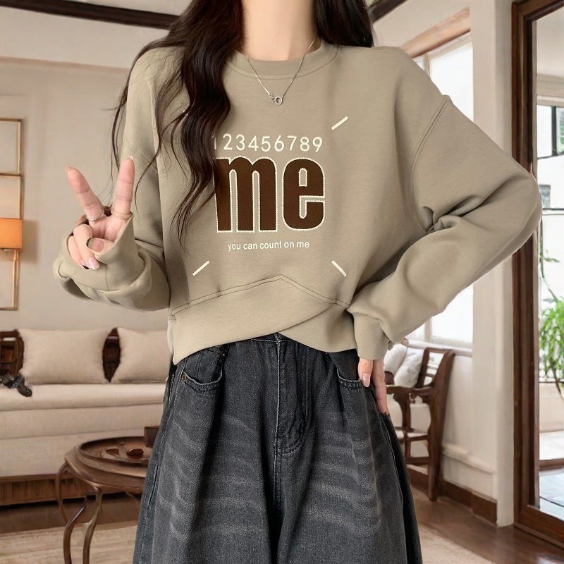 2025秋冬款美式复古印花圆领套头卫衣遮肚子显瘦长袖上衣女