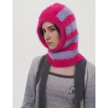 韩版设计小众双色条纹仿貂毛巴拉克拉法帽个性套头针织帽毛线帽女
