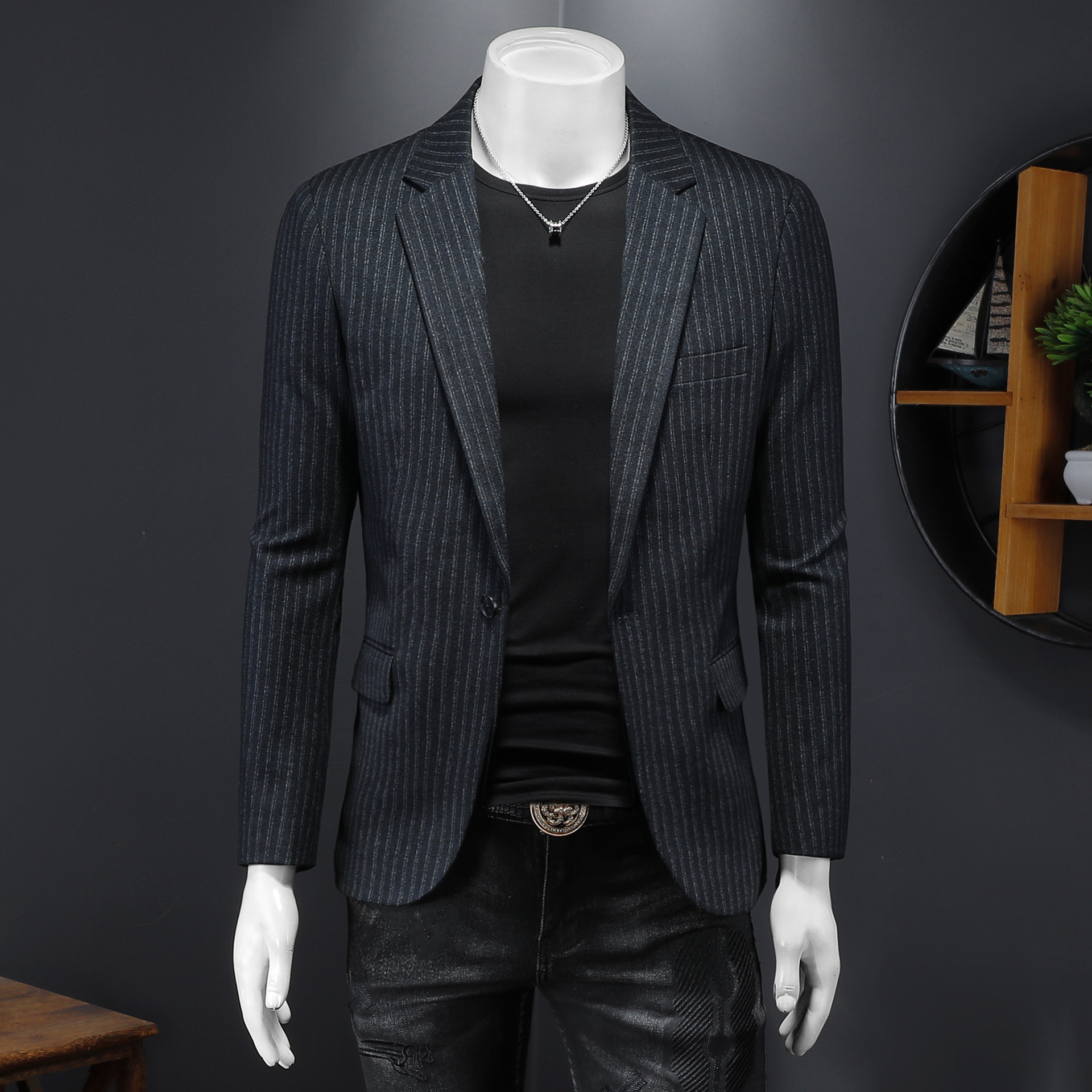 欧洲站2023秋冬季新款休闲西装男外套夹克修身潮流条纹男士小西服