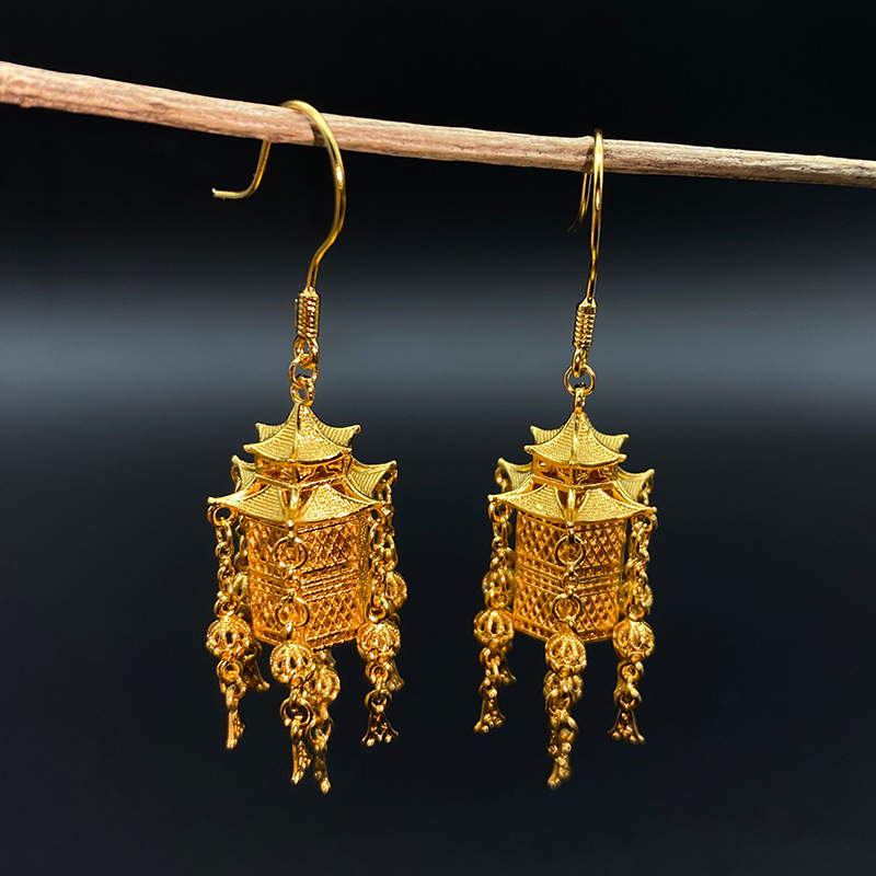 001 kg足银民族风掐丝工艺封底流苏宫灯耳环一