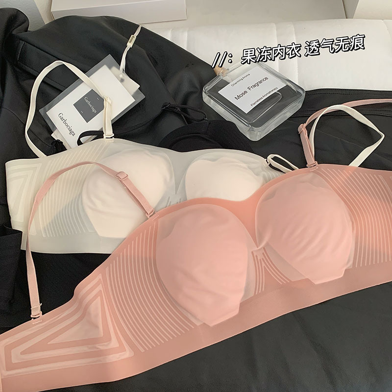 超薄无痕冰丝猫爪杯抹胸式果冻内衣女士无钢圈聚拢侧收副乳文胸罩