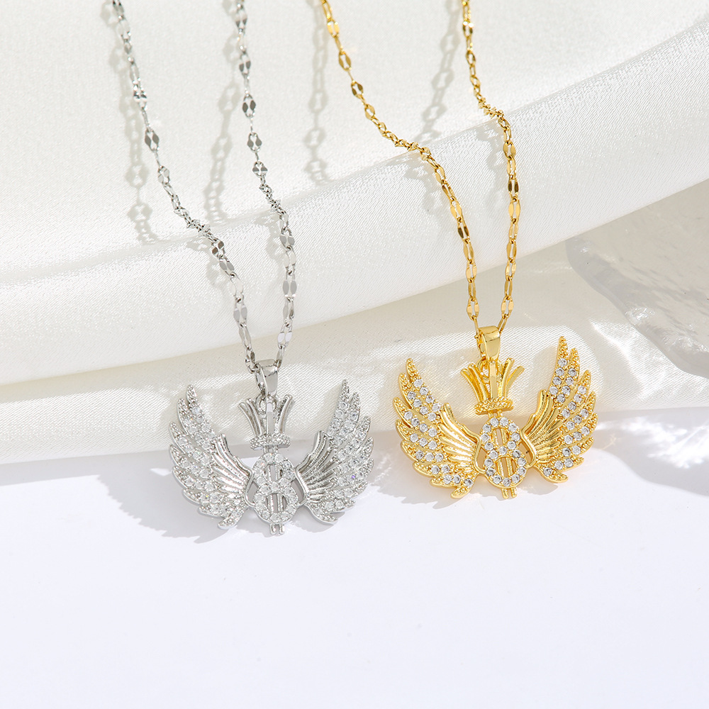 欧美新款翅膀皇冠8字微镶锆石吊坠钛钢项链时尚百搭潮跨境锁骨链