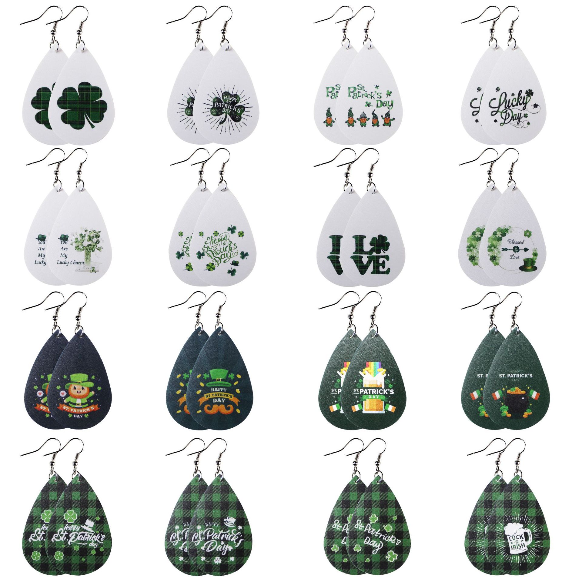 Cross-Border Irish Green Four-Leaf Clover Leather Printed Earrings Pu Earrings Cross-Border Amazon Water-Drop Eardrops AliExpress