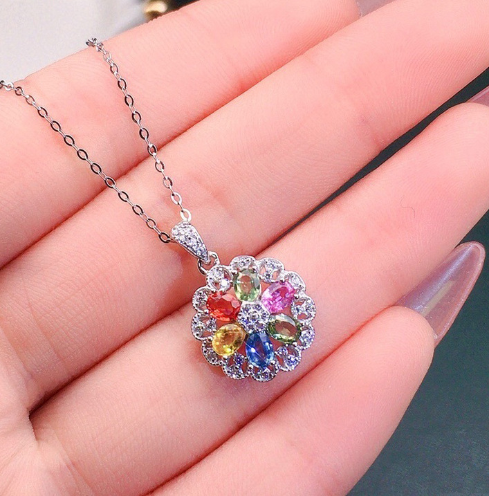 网红直播新品热卖奢华微镶群镶彩宝七彩吊坠女 仿真碧玺项链饰品