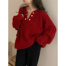红色领麻花毛衣女年秋冬新款气质温柔套头针织上衣宽松外穿