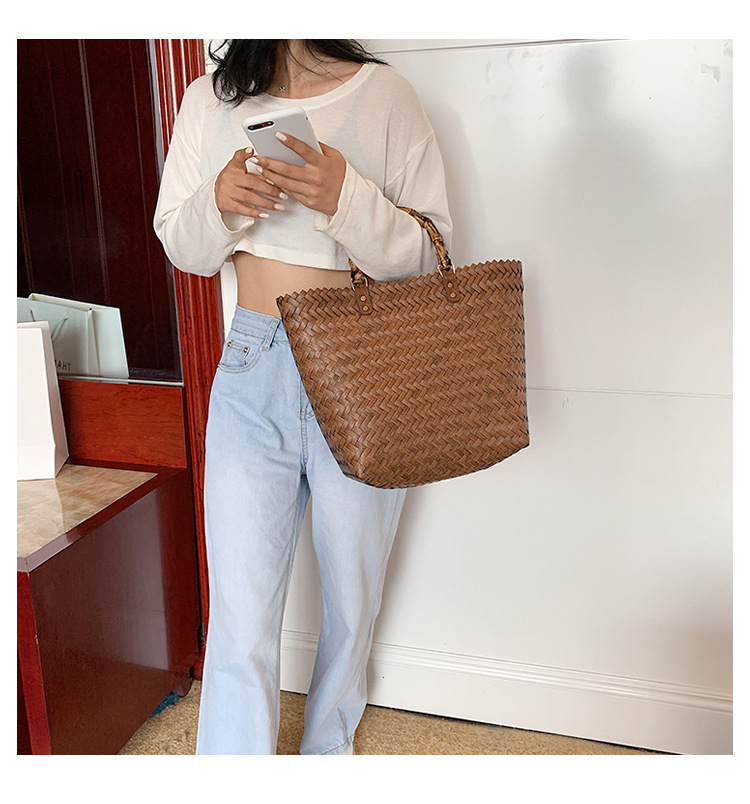 Bamboo Handle Bag Straw Woven 2023 Autumn New Retro Large Capacity Portable Vegetable Basket Bag Woven Bag Beach Bag