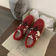 拼色圆头红色软底厚底真皮德训鞋2025春季新品休闲阿甘运动板鞋女