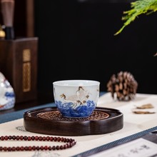 景德镇七丞堂仿古泥青花海水仙鹤陶瓷纯手工小缸杯主人杯家用茶具