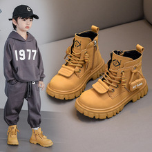 男童马丁靴休闲儿童单靴秋冬新款2023英伦风中大童加绒男孩小黄靴