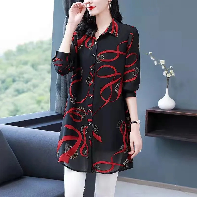 Middle-Aged Mom Shirt New Women's Spring Clothing Shirt Printed Large Size Loose Mid-Length Spring-Summer Top Sun Protection