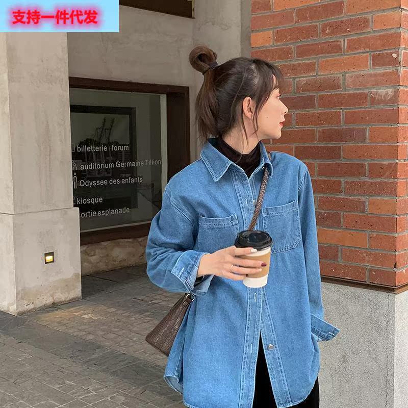 牛仔衬衫春盐系牛仔衬衫外套女潮ins春夏2022新款宽松大码胖妹妹