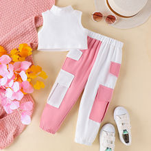 童装亚马逊夏季欧美新款中小女童纯色坑条背心上衣+拼色长裤套装
