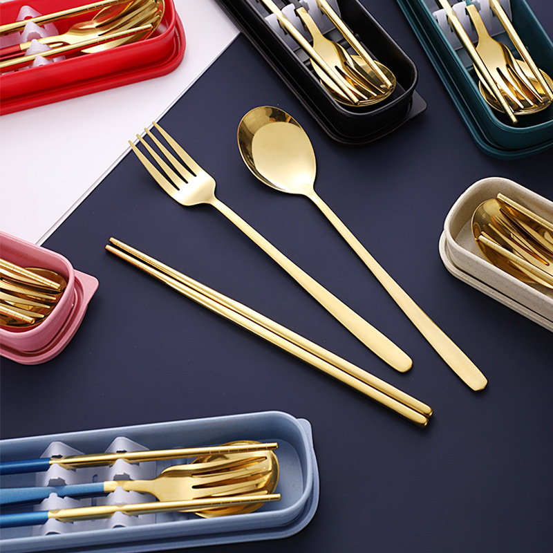 Stainless Steel Korean-Style Portable Tableware Fork Spoon Chopsticks Set Outdoor Gift Student Tableware Three-Piece Set