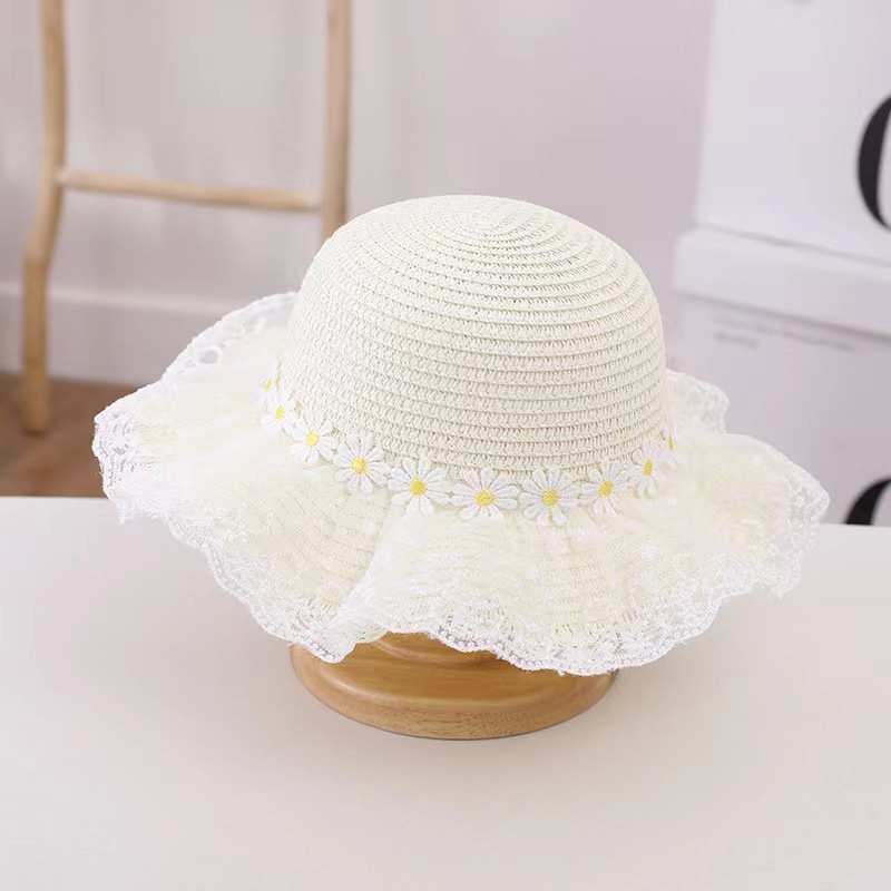 Girls' Hat Summer New Children's Little Daisy Lace Straw Hat Thin Type Sunscreen Beach Uv Protection Sun Hat
