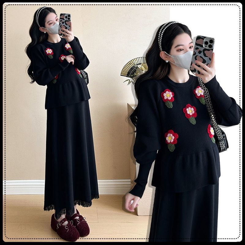 孕妇装秋冬款时尚加厚套装韩版针织花朵上衣针织半身裙两件套新款