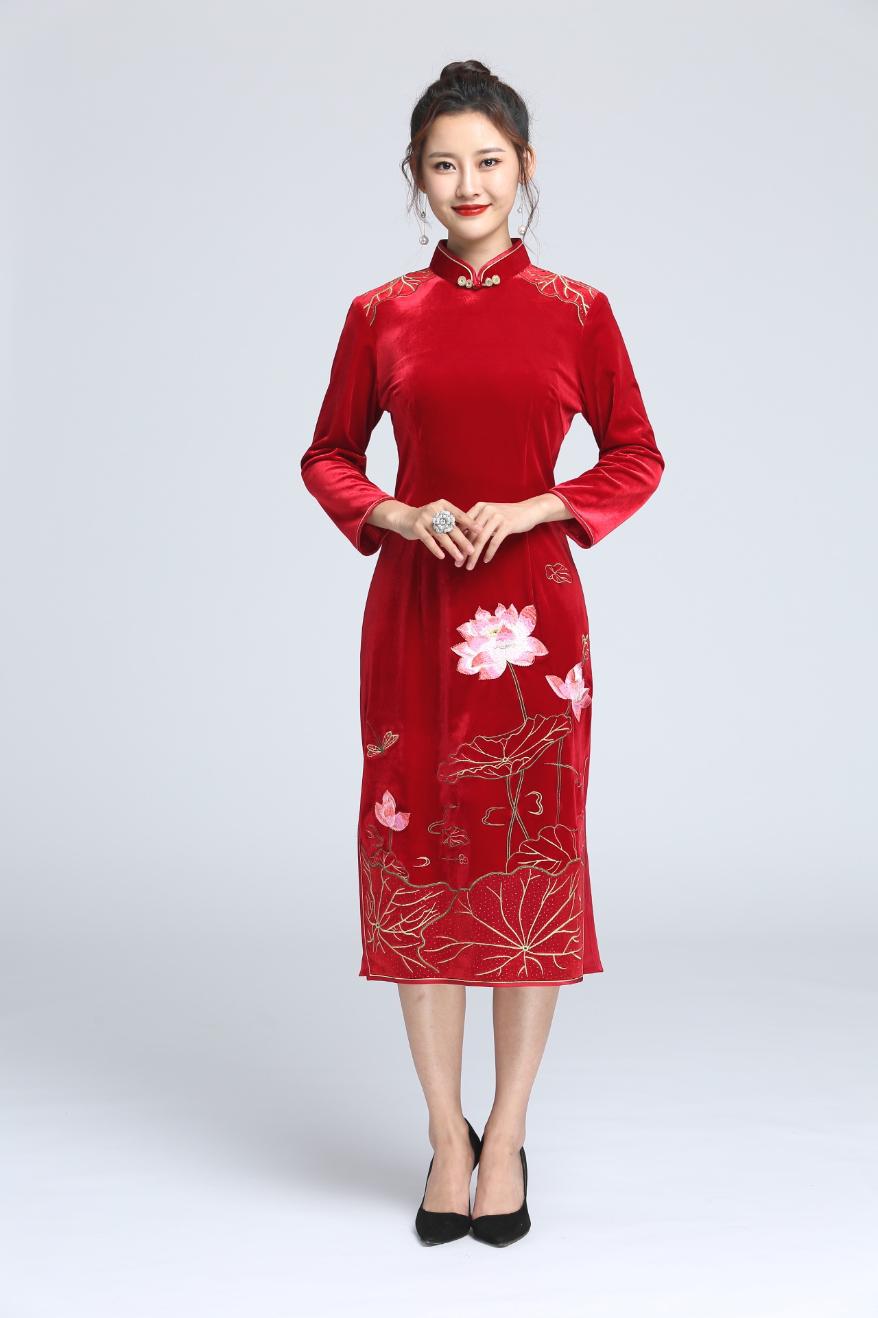 一口价清丝绒旗袍秋季婚庆中年女装婆婆妈妈装礼服连衣裙一件代发