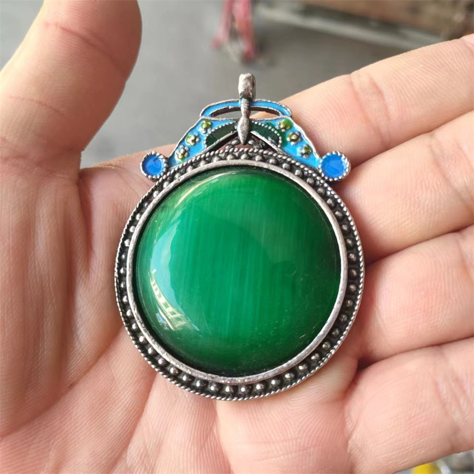 批发古玩杂项镶嵌景泰蓝猫眼石工艺品鼻烟壶藏银仿古挂件坠子牌子