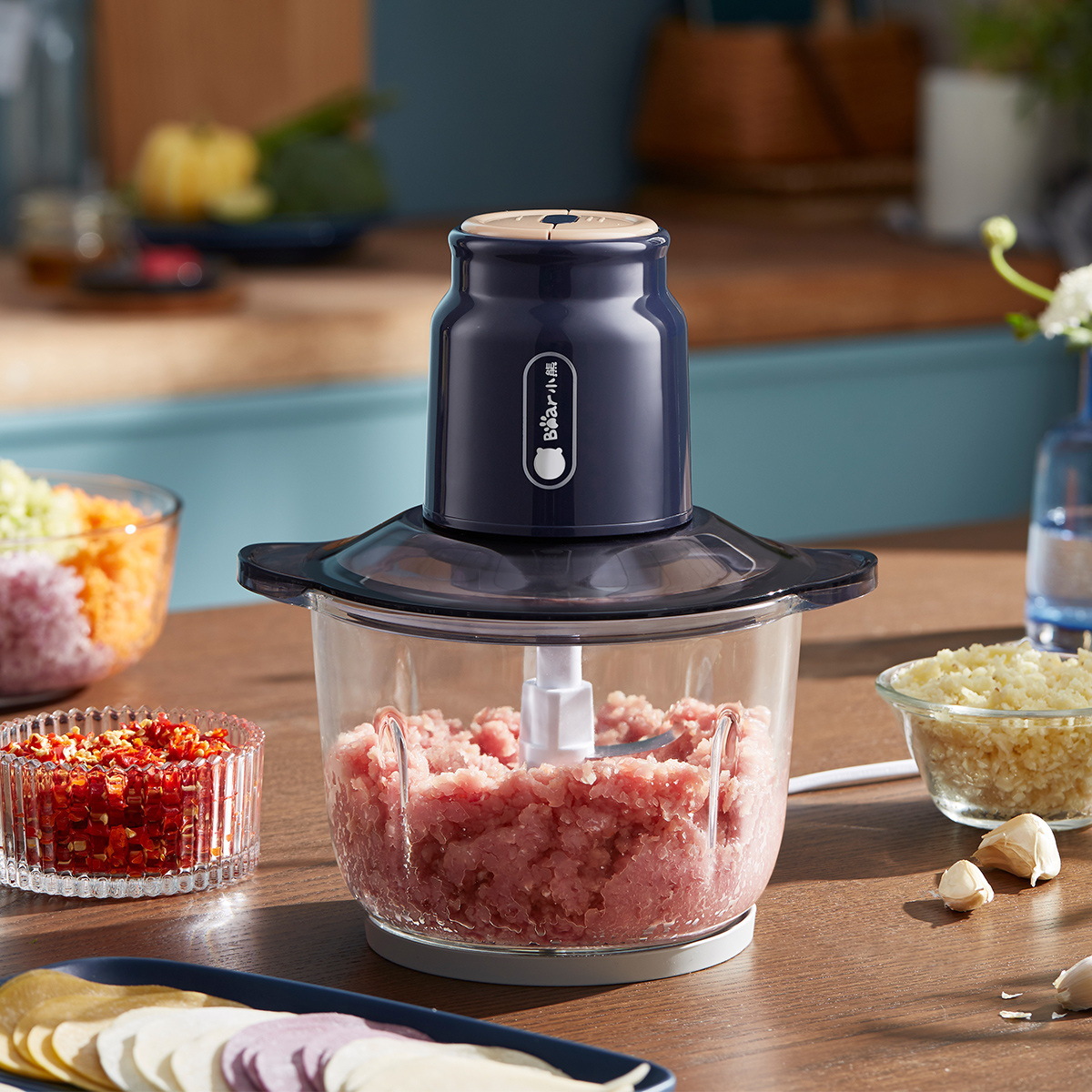 小熊qsj-d03p3绞肉机家用电动小型打肉馅搅拌机蒜泥料理机绞馅机