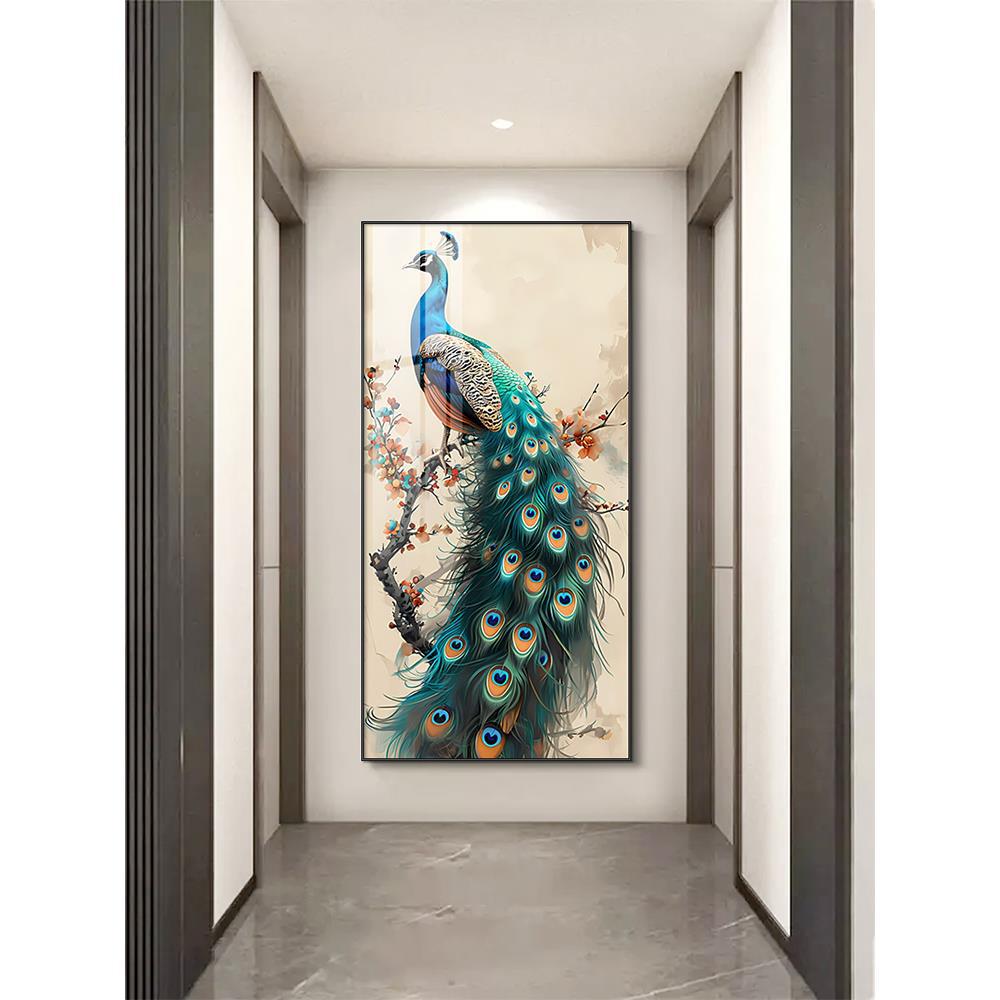 道玄关入户客厅孔雀壁画过正对挂画门墙中国画走廊装饰画风竖版