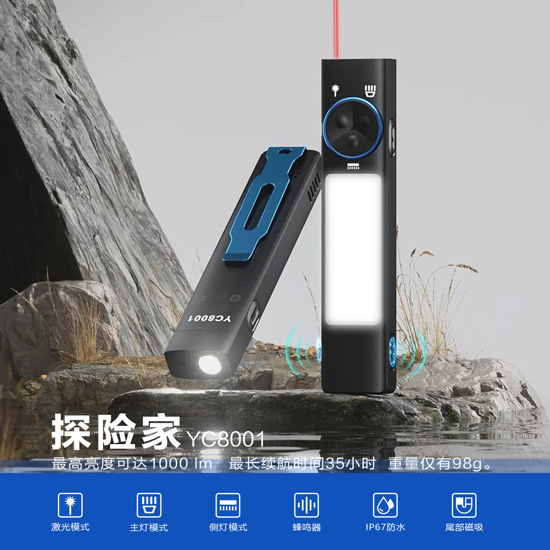 跨境edc方形手电筒多光源户外应急探索强光手电磁吸红外线警报器