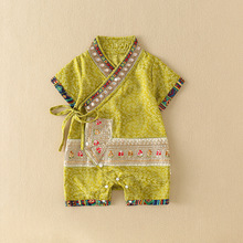 婴儿中国风衣服夏季男宝宝薄款短袖民族风花边连体衣新生儿唐装薄