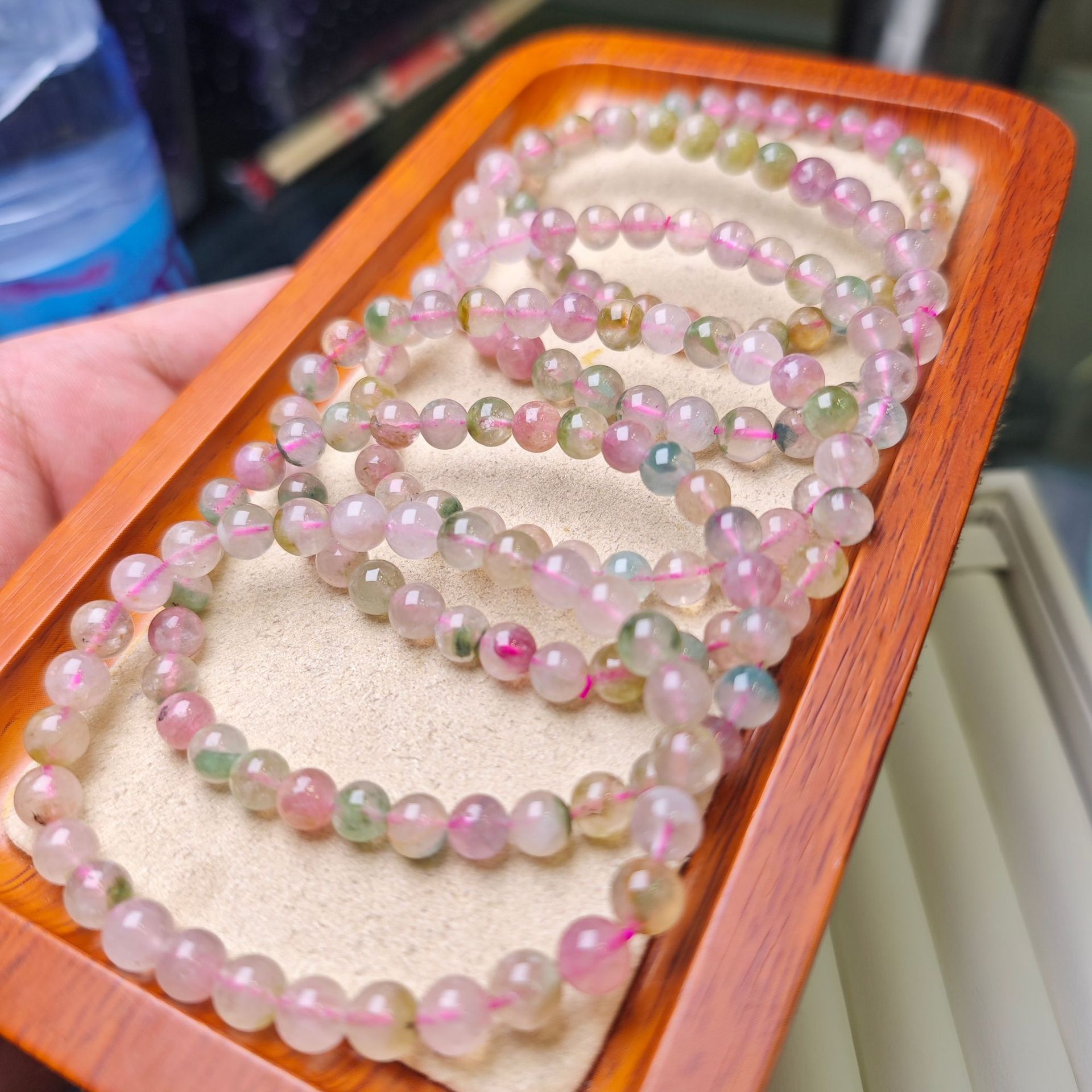 天然巴西西瓜碧玺单圈圆珠手链手串约5-6mm性价比高货颜色清新