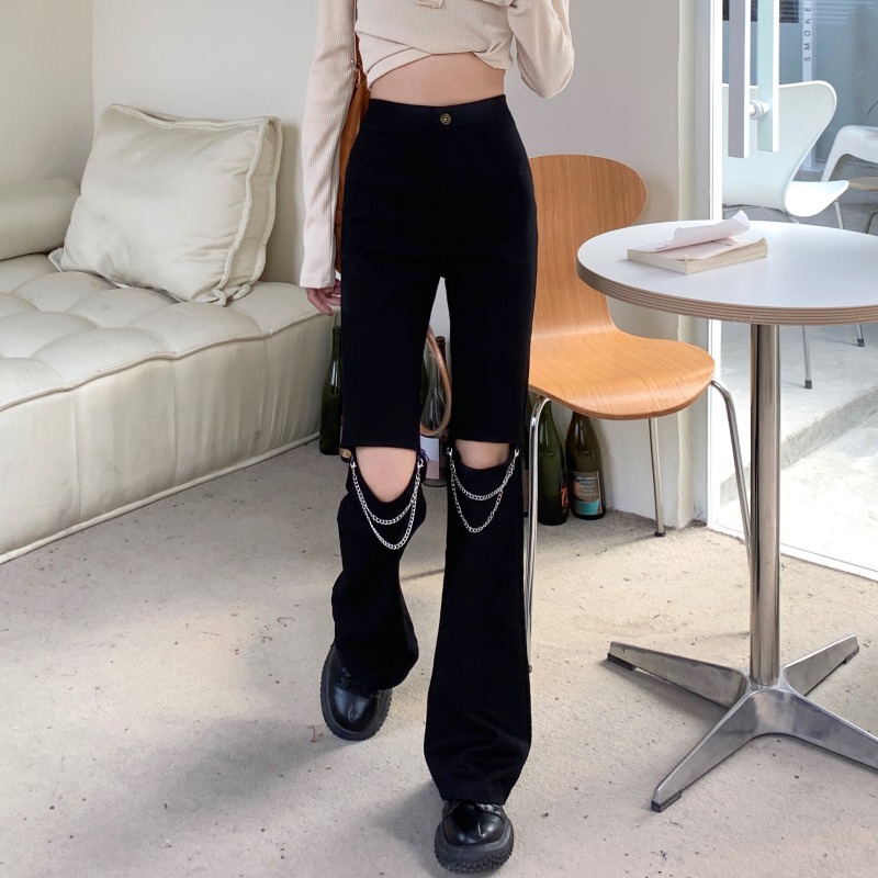 设计感小众链条破洞牛仔裤女夏季辣妹黑色高腰直筒阔腿裤显瘦裤子