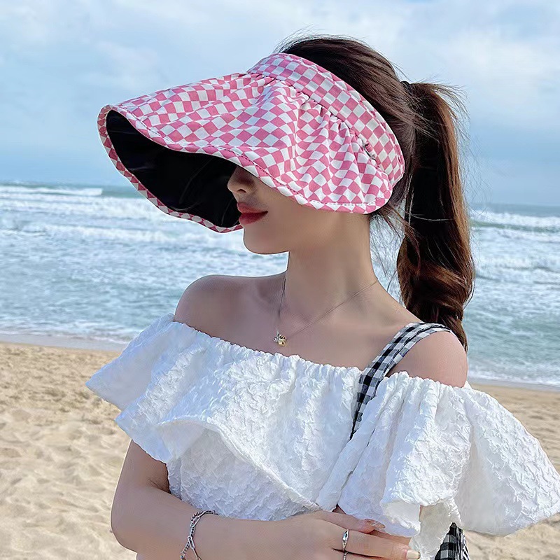 New Black Rubber Cap Plaid UV Protection Hat Female Summer All-Match Soft Beach Hat Sun Protection Hat Wholesale