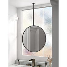 悬挂式天花板圆形吊镜悬空金属杆黑色框架发光顶部固定洗手间镜子