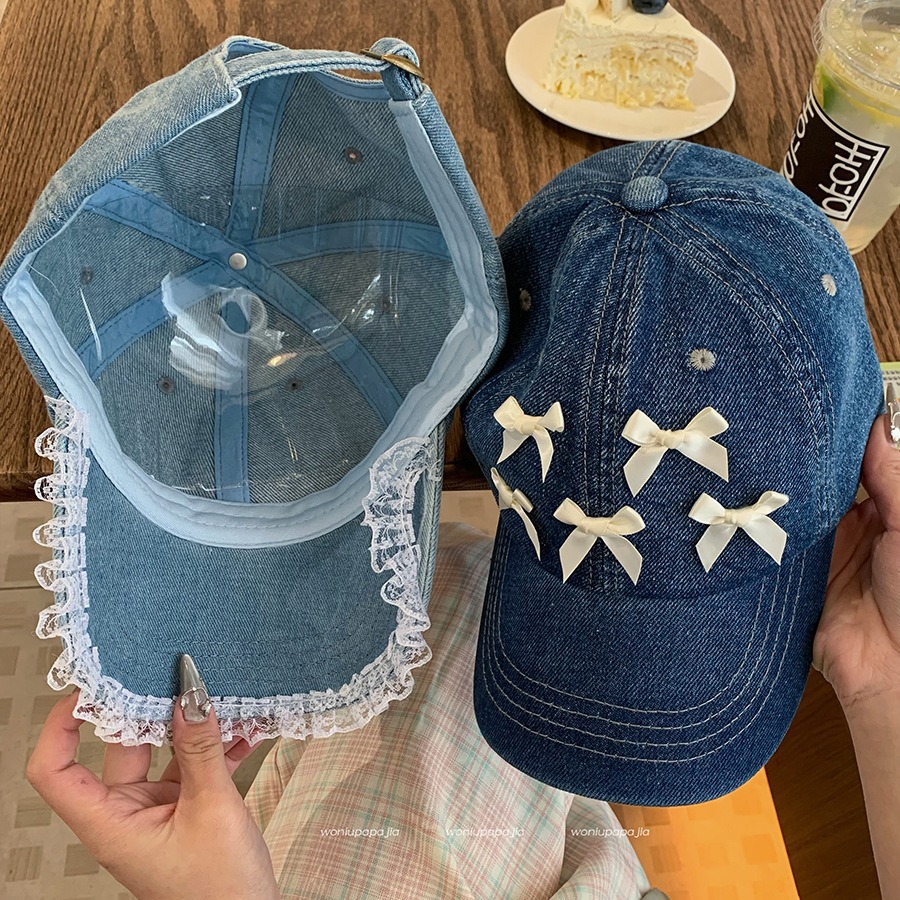 Bow Peaked Cap for Women 2024 New Spring and Summer Korean Style Versatile Ins Washed Denim Sun Protection Baseball Cap
