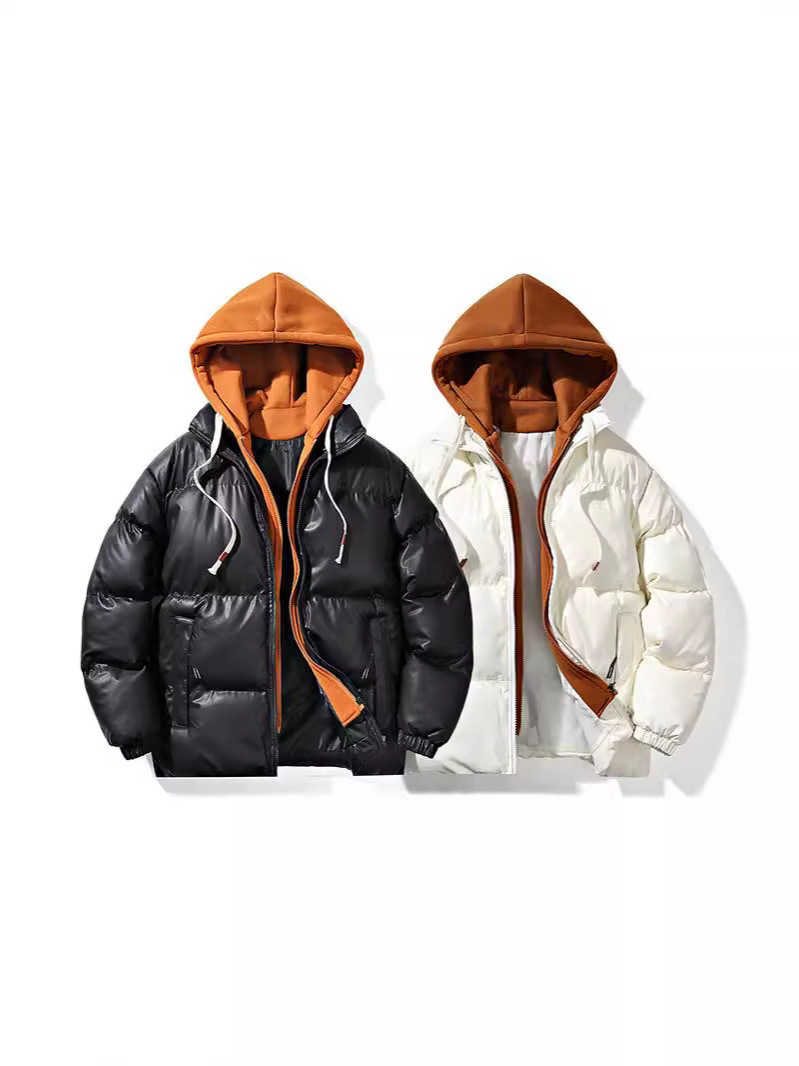 冬季新款假两件棉服男冬季港风宽松PU皮百搭连帽棉袄高街潮牌