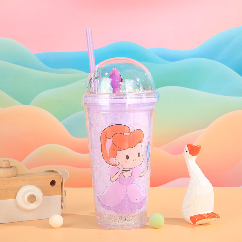 New Creative Little Girl Double Plastic Straw Cup Good-looking Internet Celebrity Summer Ice Cup Children Cartoon Gift Cup