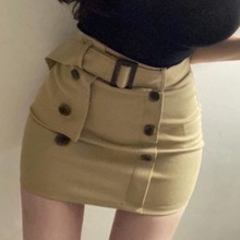 韩国东大门新款休闲辣妹性感短裙女人味包臀腰带双排扣半身裙女士