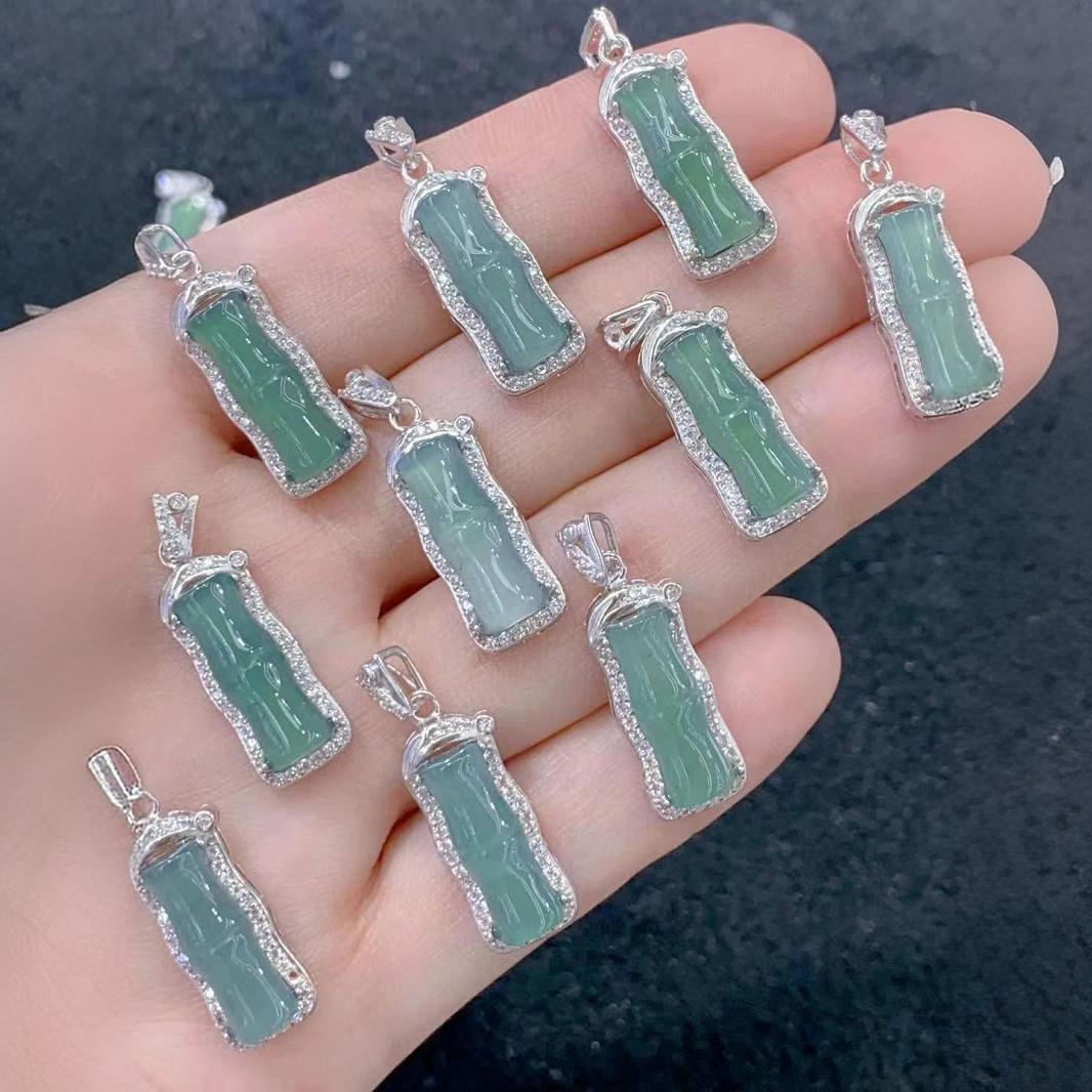 蓝水a货翡翠竹节吊坠 925银镶嵌国潮风翡翠吊坠 小红薯同款-阿里巴巴