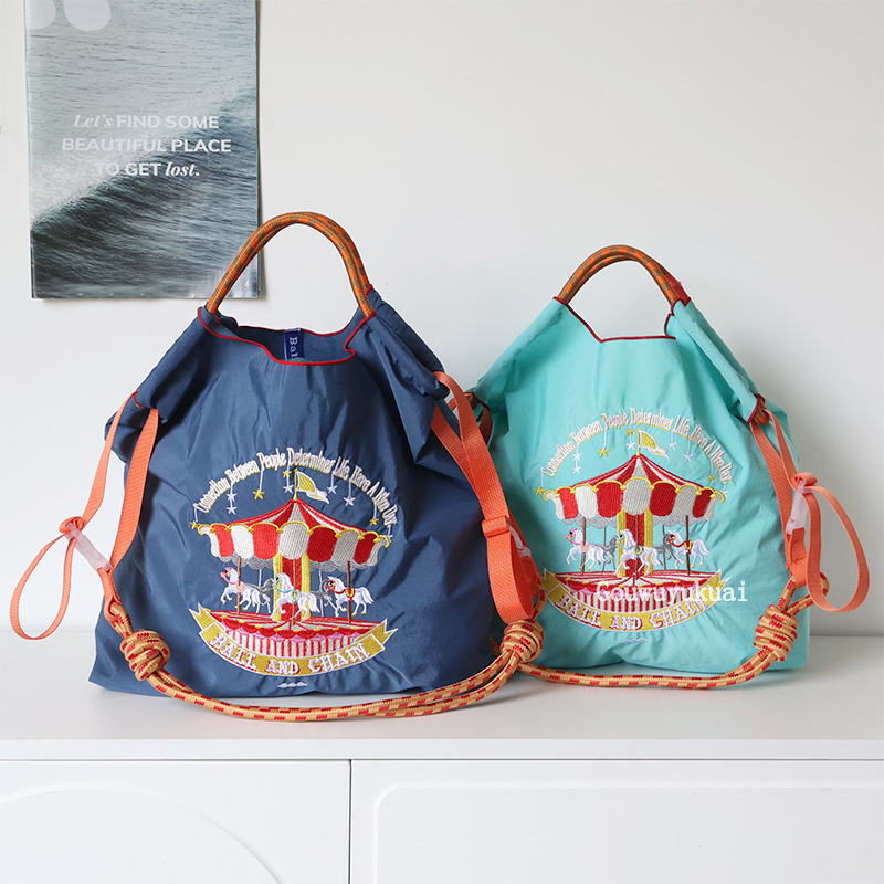 日系自制ball chain环保购物袋尼龙布刺绣花手提帆布包尼龙购物袋