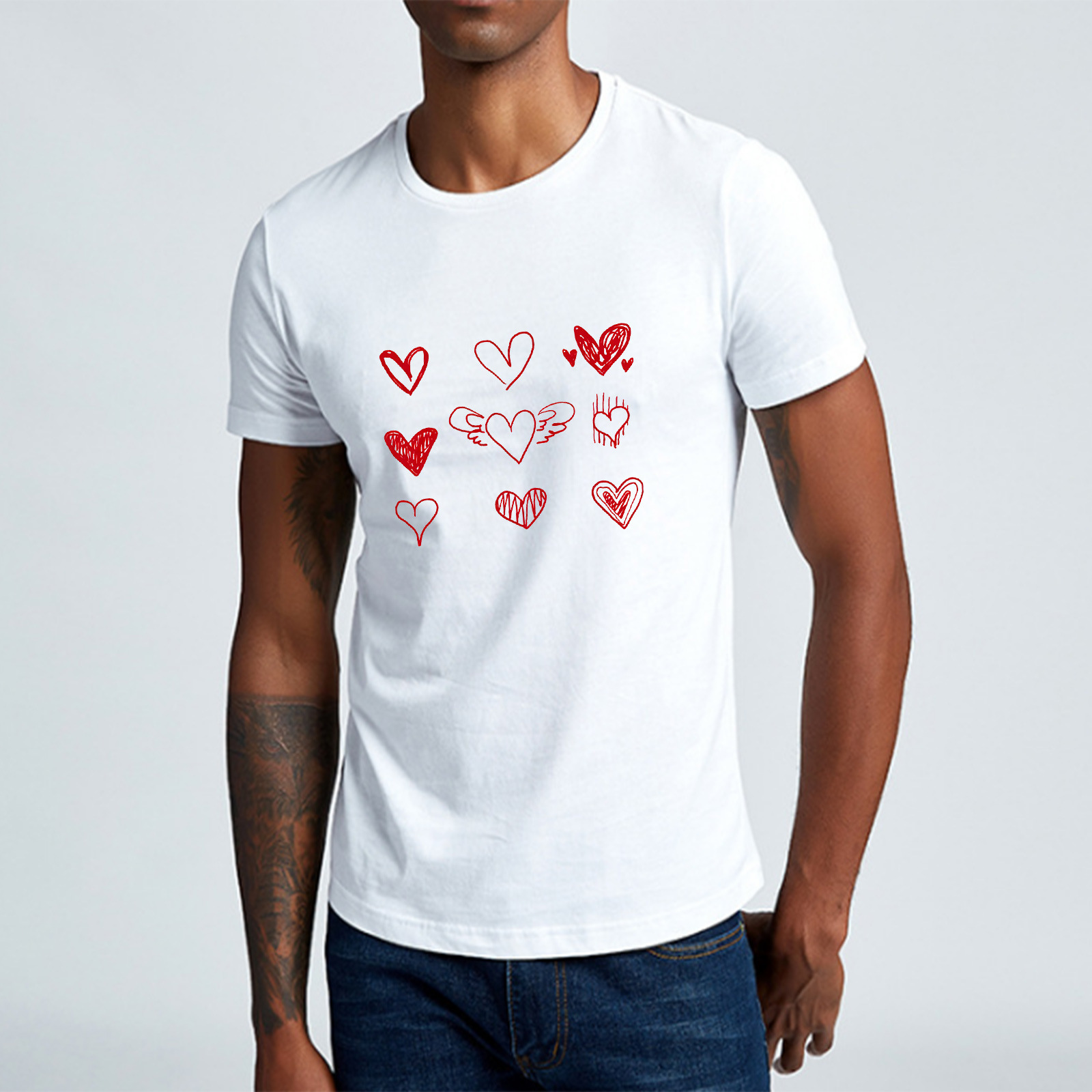 跨境新款大码男装棉t恤情人节夏季情侣手绘爱心印花短袖厂家直销