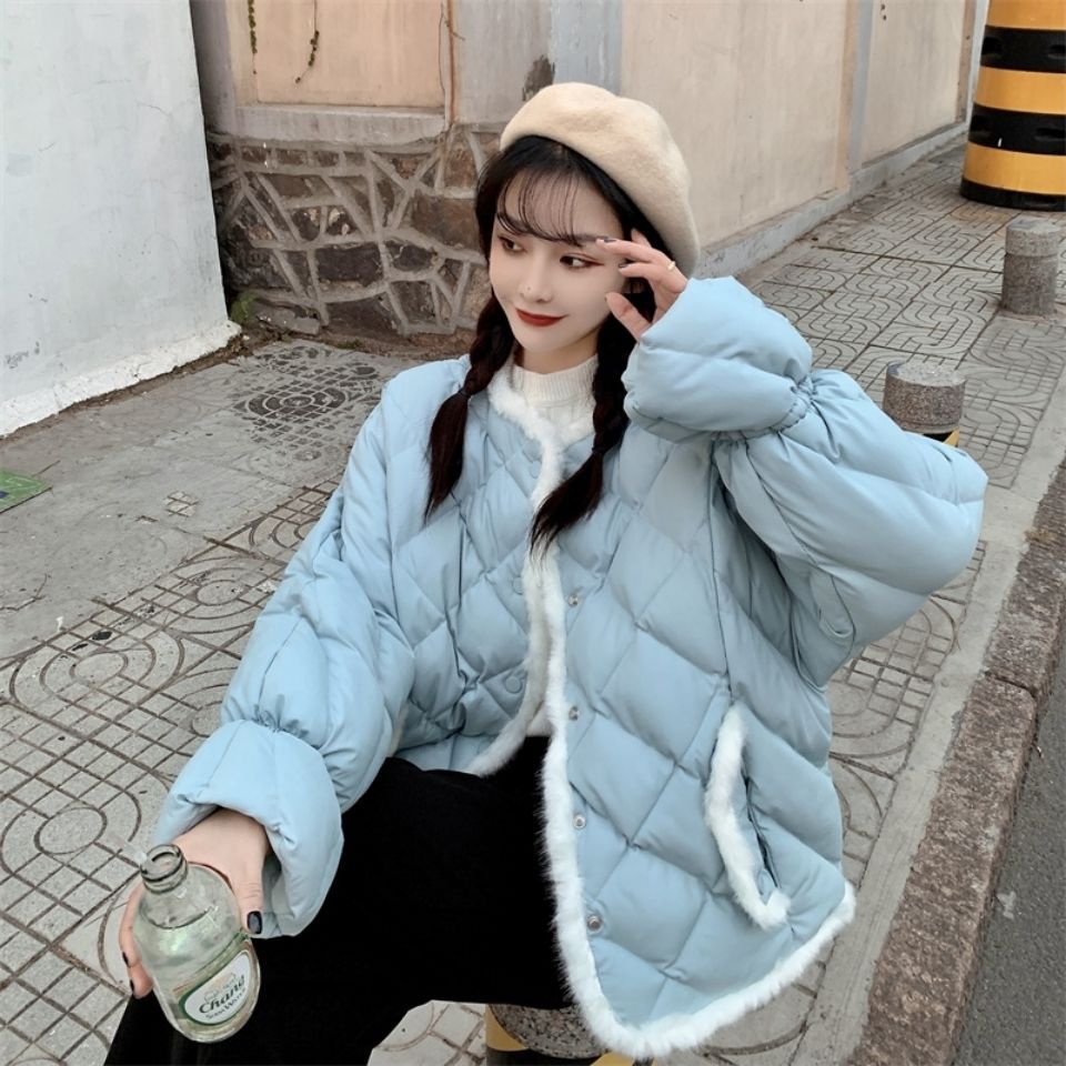 棉衣女冬季2021年新款韩版可爱甜美毛绒拼接菱形短款加厚棉服外套