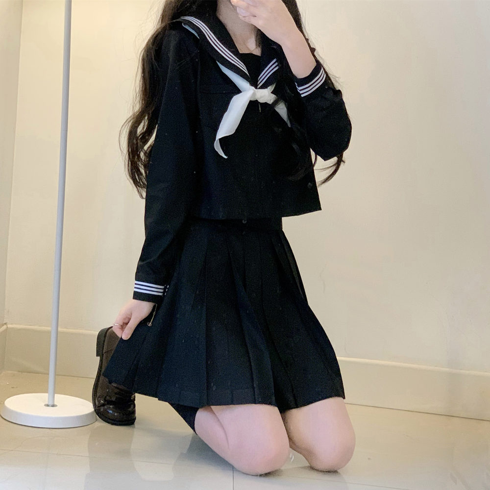 现货批发 jk制服裙正版黑三本水手服长袖学院风校供中间服套装
