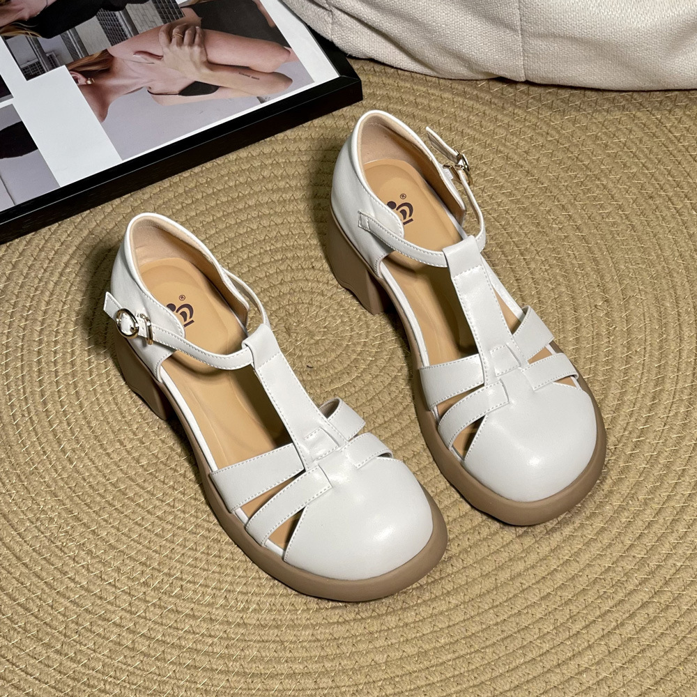 2024女士坡跟鞋女夏季凉鞋外穿高级感纯色百搭包头粗跟凉鞋女批发