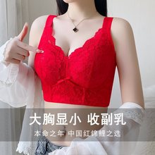 属龙本历年红色内衣大胸显小全罩杯高侧比收副乳防下垂调整型文胸