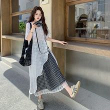 减龄五一穿搭高级感大方得体设计感蕾丝衫黑白格半身裙两件套