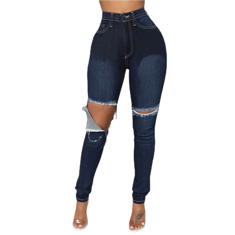   Jeans through Foreign Trade Factory Amazon Europe, America and South America Middle East Big Hole Slim Fit Skinny Pants Foreign Trade Tight Women