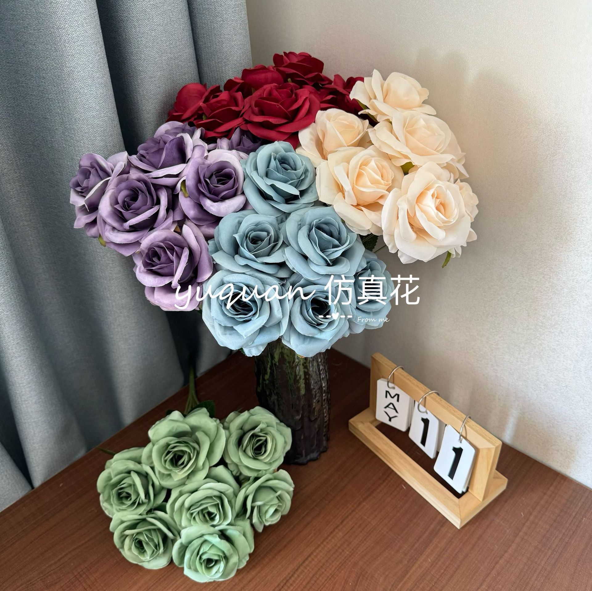 新款7头把束仿真玫瑰花多头玫瑰花束拍照摄影布置道具假花跨境