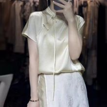 新中式2024夏季新款时尚简单黑色休闲醋酸立领盘扣短袖衬衫女士